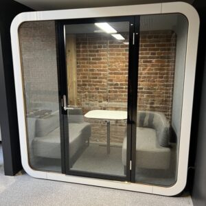 Framery two person acoustic office phone booth meeting pod with glass door and soundproof panels