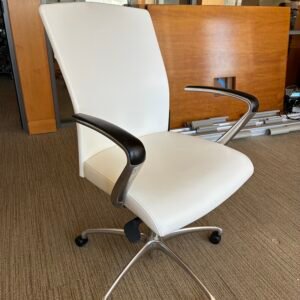 A used Gunlocke high-back executive conference chair featuring pristine white leather upholstery, elegantly curved aluminum arms with dark wood caps, and a polished aluminum five-star swivel base.
